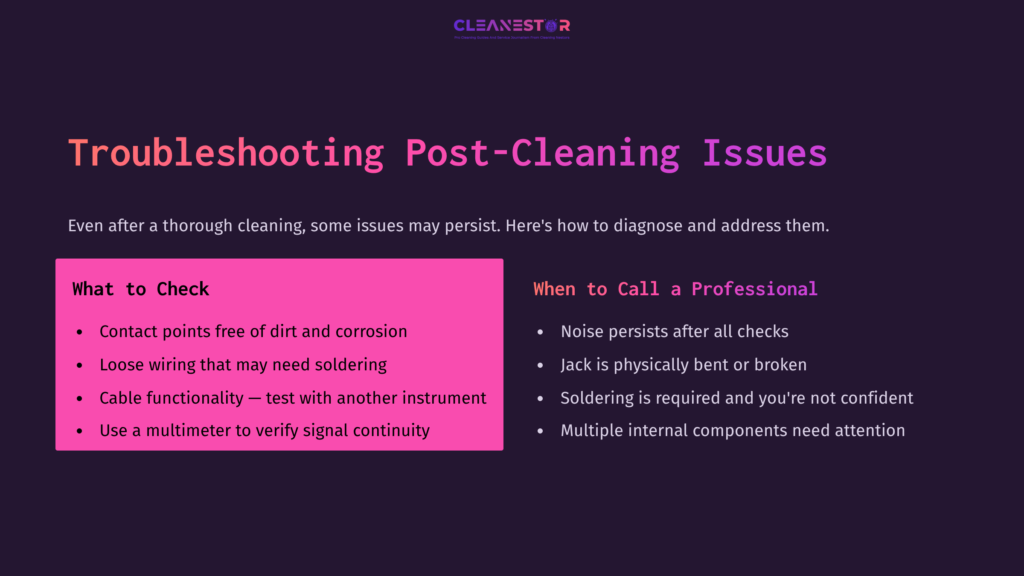 Bright Pink And Purple Text On A Dark Background Outlines Troubleshooting Steps For Guitar Output Jack Cleaning, Emphasizing Key Issues.