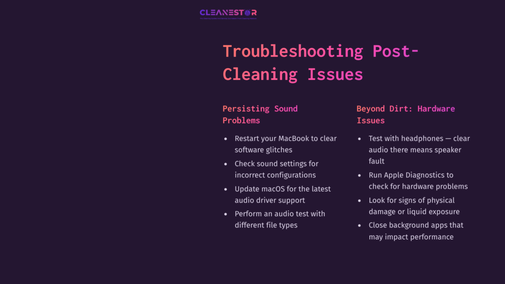 Text On A Dark Purple Background Lists Troubleshooting Tips For Macbook Pro Sound Issues, Highlighting Cleaning And Hardware Checks.
