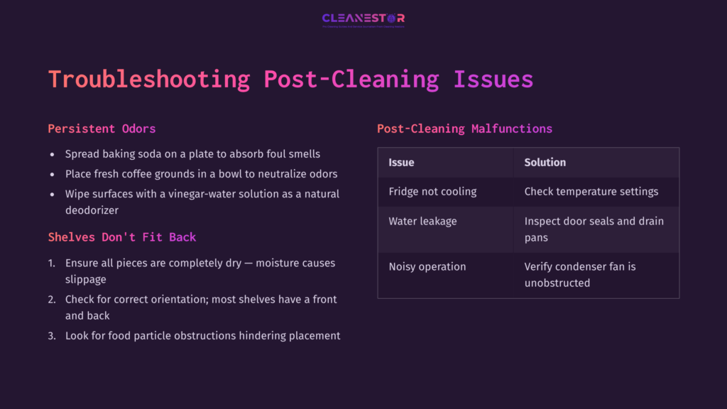 A Purple And Black Infographic Listing Troubleshooting Tips For Post-Cleaning Fridge Issues, Including Persistent Odors And Malfunctions.