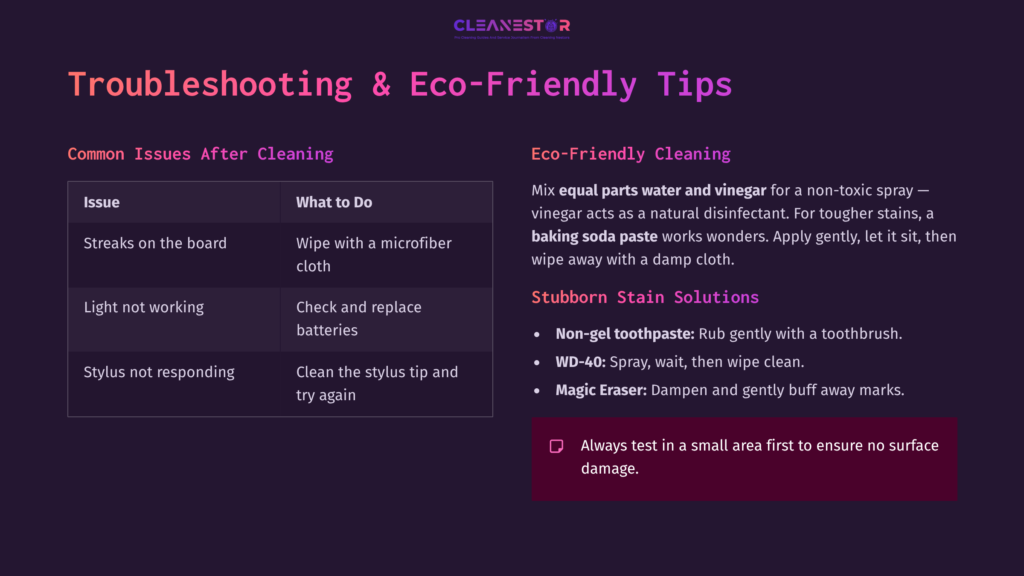 Instructions For Cleaning A Crayola Light-Up Board, Detailing Common Issues, Eco-Friendly Solutions, And Stubborn Stain Methods.
