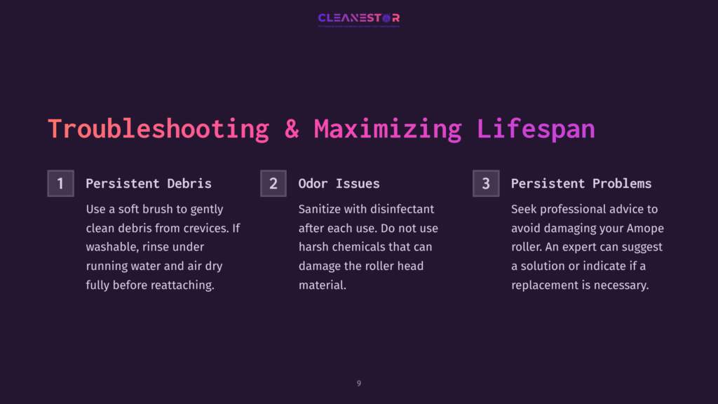 Text On A Dark Background Outlines Three Troubleshooting Tips For Cleaning An Amope Roller Head, Using Icons For Visual Emphasis.