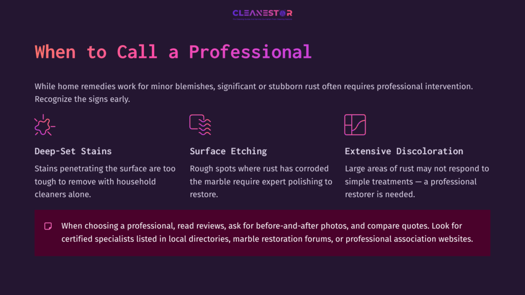 Text On A Dark Purple Background Detailing When To Call A Professional For Rust Removal From Marble, With Three Key Points Highlighted.
