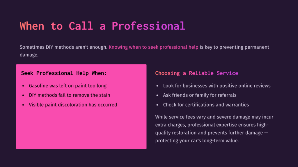 Text On A Dark Purple Background Outlines When To Seek Professional Help For Car Paint Issues, With Key Points Highlighted In White.