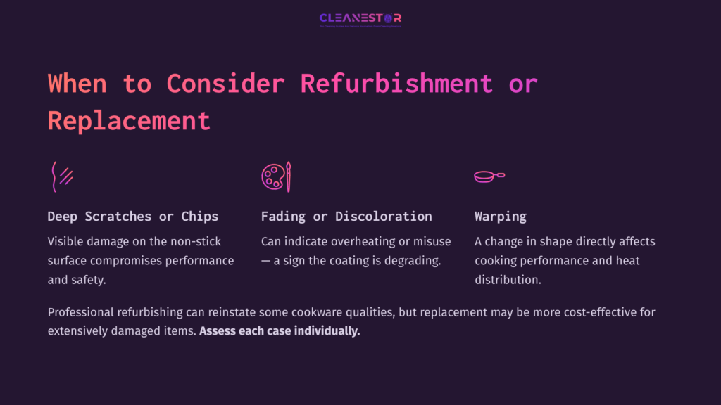 Text Displayed On A Dark Background Highlights Considerations For Cookware Refurbishment Or Replacement, With Sections On Scratches, Fading, And Warping.