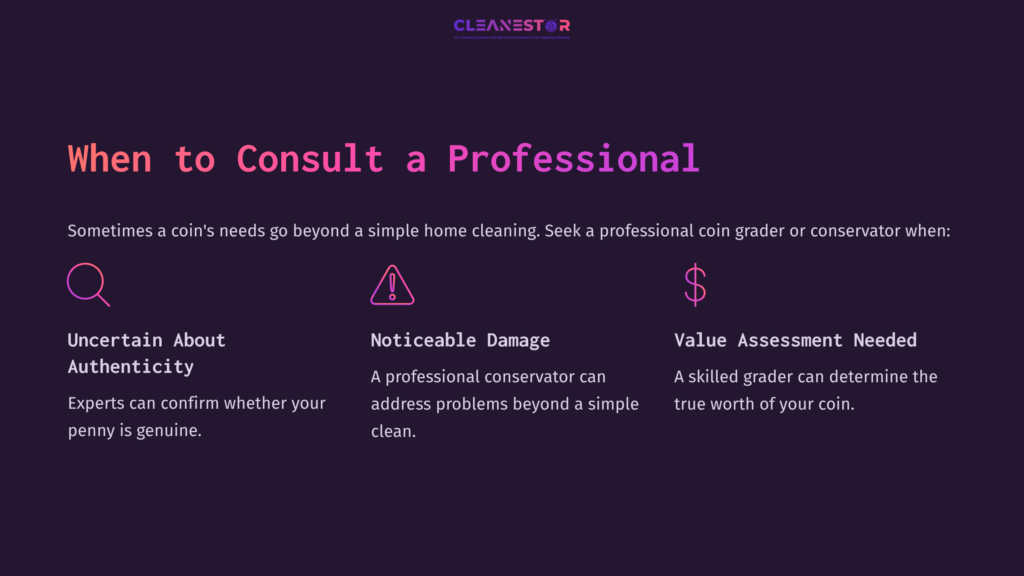 9 When To Consult A Professional Purple Background Features White And Pink Text Highlighting Circumstances To Consult A Professional For Coin Cleaning.