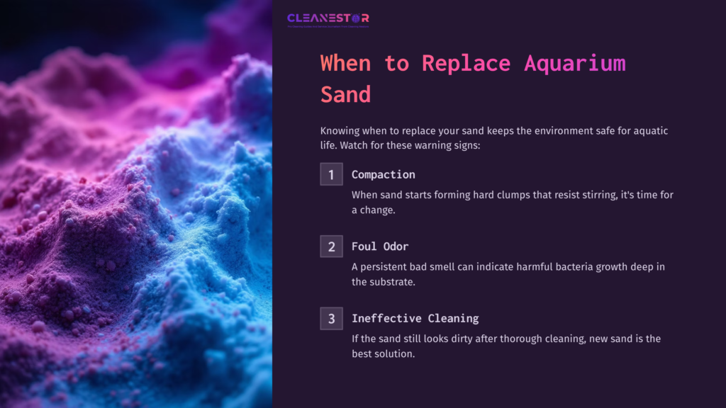 9 When To Replace Aquarium Sand Vibrant Purple And Blue Aquarium Sand With Text Highlighting When To Replace Aquarium Sand Based On Compaction, Foul Odor, And Ineffective Cleaning.