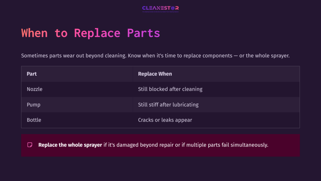 Chart Detailing When To Replace Parts Of A Misto Sprayer, Highlighting Components Like Nozzle And Pump, Against A Dark Purple Background.