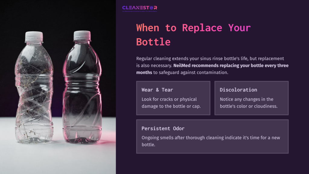 Two Clear Plastic Water Bottles, One Clean And The Other Discolored, Beside Text On Bottle Maintenance And Replacement Guidelines.