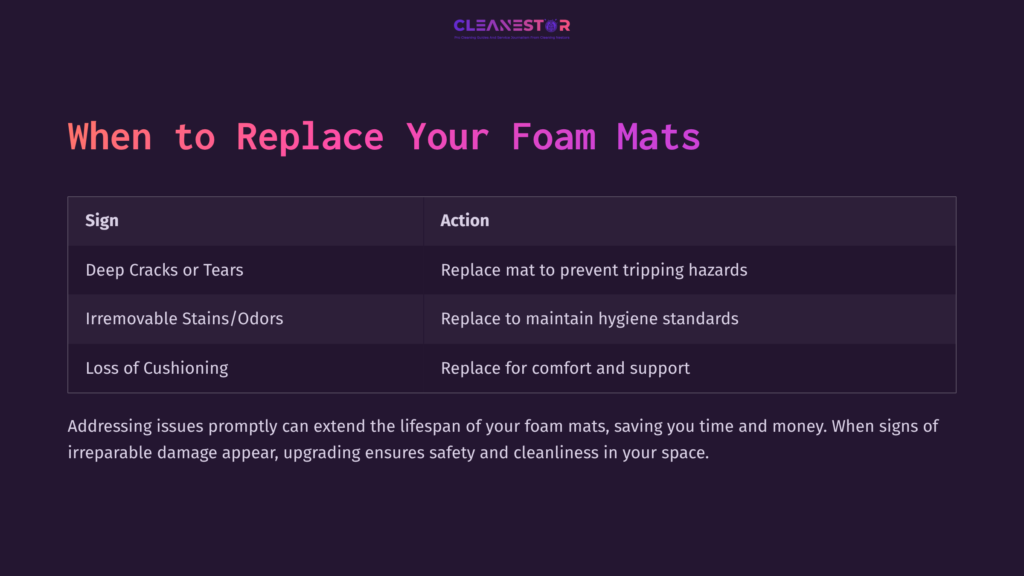 Table With Headings 'When To Replace Your Foam Mats', Listing Signs And Actions, On A Dark Purple Background With White Text.