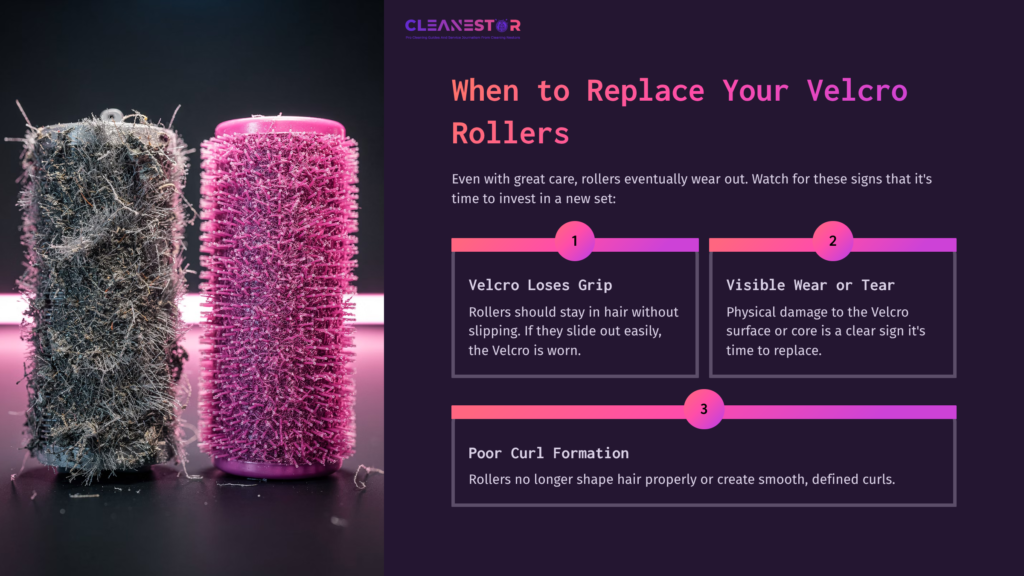 Two Velcro Hair Rollers, One Pink And One Purple, Covered In Hair And Debris, With Text Outlining Signs Of Wear.