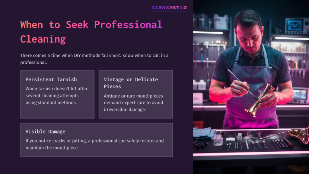 9 When To Seek Professional Cleaning Text Overlay On A Dimly Lit Workshop Scene Featuring A Man Polishing A Mouthpiece, Surrounded By Cleaning Tools And Supplies.