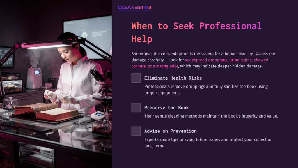 9 When To Seek Professional Help 1 A Woman In A Lab Coat Examines A Book Under A Bright Lamp, With Cleaning Supplies On A Table, Emphasizing Professional Cleaning Advice.