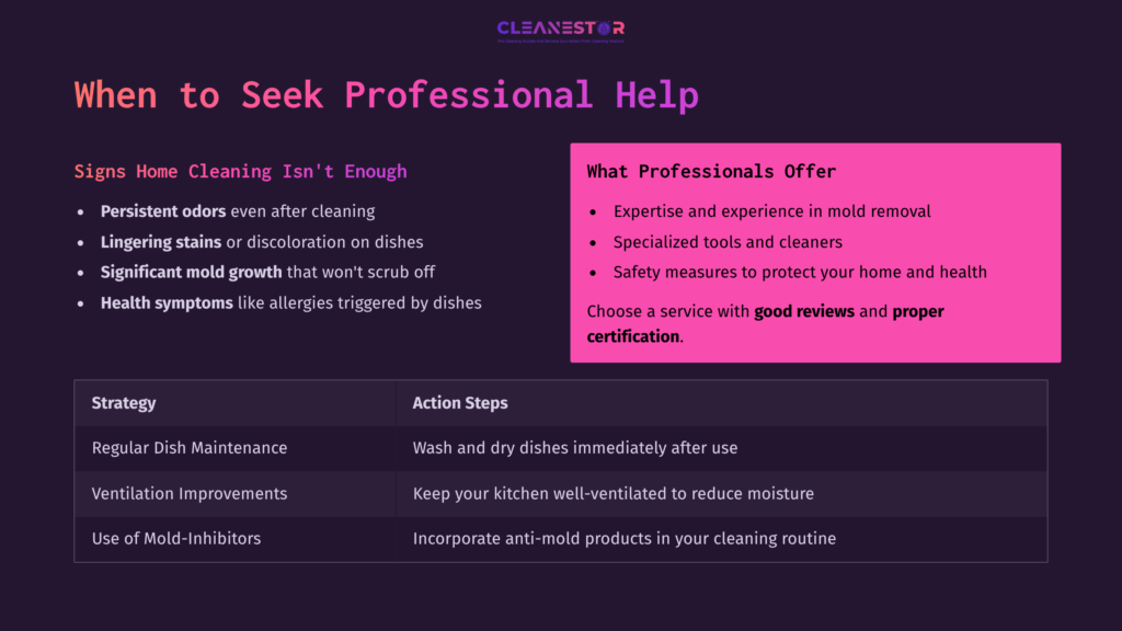 A Chart Outlining Mold Cleaning Strategies, Including Tips, Action Steps, And A Section On When To Seek Professional Help. Colors Include Dark Purple And Pink.