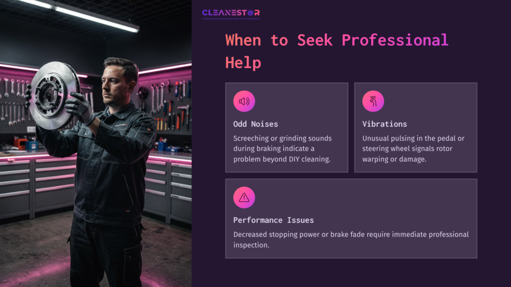 A Mechanic Holding A New Brake Rotor In A Workshop, With Tools In The Background And Text Boxes Highlighting Signs To Seek Professional Help.