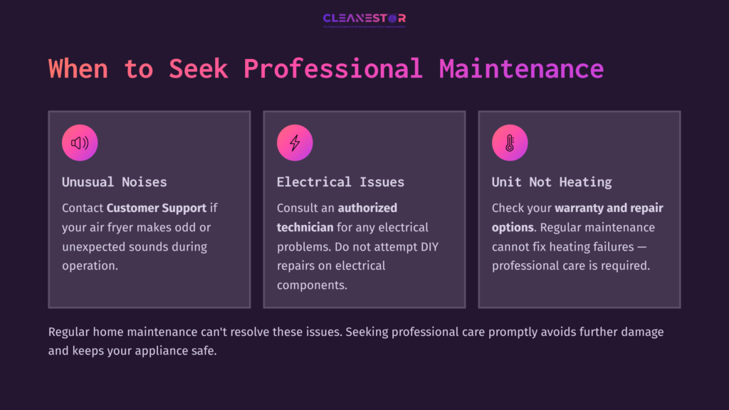 Three Informative Boxes With Pink Icons And Text On A Dark Background Highlight Signs To Seek Professional Maintenance For Appliances.