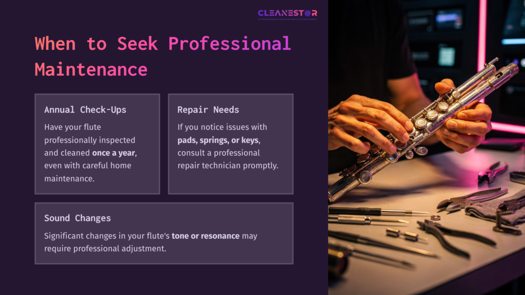 Flute With Maintenance Tools On A Table, Purple Background With Professional Advice On Upkeep And Repair Needs.