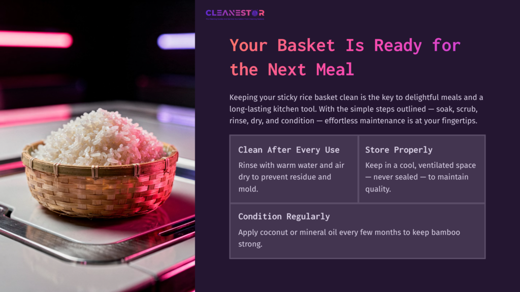 A Bamboo Sticky Rice Basket Filled With Rice, Accompanied By Cleaning Tips. The Background Features A Pink And Purple Gradient.