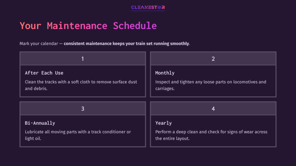 9 Your Maintenance Schedule Maintenance Schedule With Purple Background, Featuring Numbered Sections Detailing Cleaning Tasks For Lionel Train Tracks: Weekly, Monthly, And Yearly.