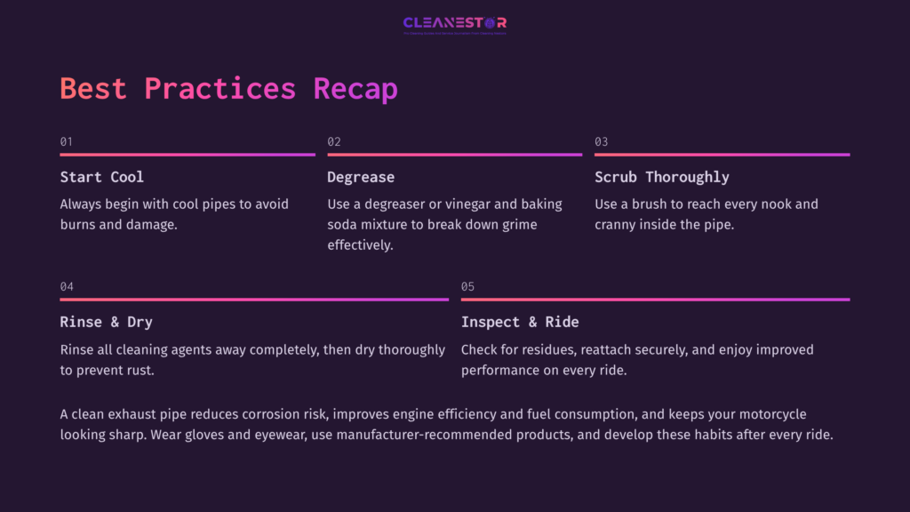 10 Best Practices Recap Purple Background With White And Pink Text Outlining Motorcycle Exhaust Cleaning Best Practices In A Structured, Numbered Format.