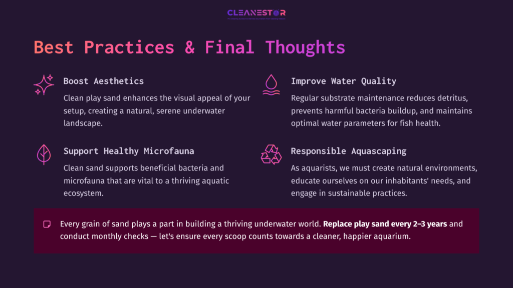 Text Graphic Featuring Tips On Cleaning Play Sand For Aquariums, With Headings In Bold White Font And A Dark Purple Background.
