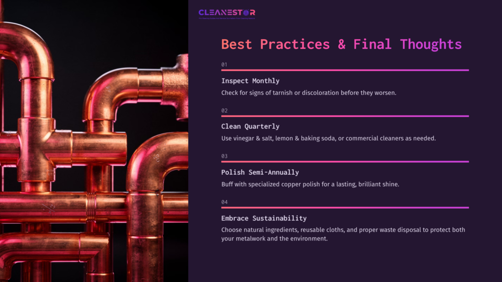 Copper Fittings With Varying Shades Of Reddish-Brown, Accompanied By Text Outlining Best Practices For Cleaning And Maintenance.
