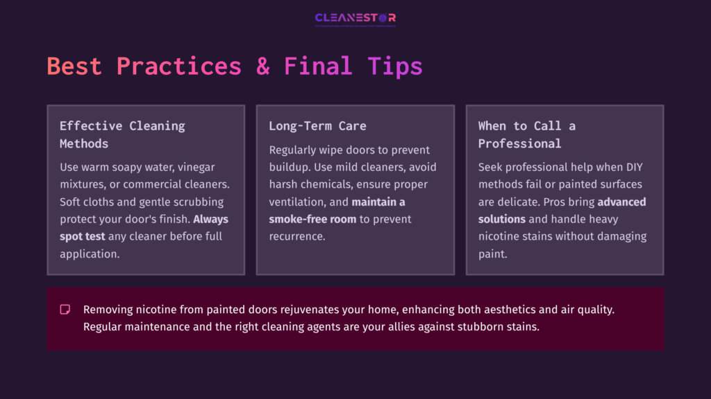 Tips For Cleaning Nicotine Off Painted Doors, With Sections On Methods, Long-Term Care, And Professional Help, Set Against A Dark Purple Background.