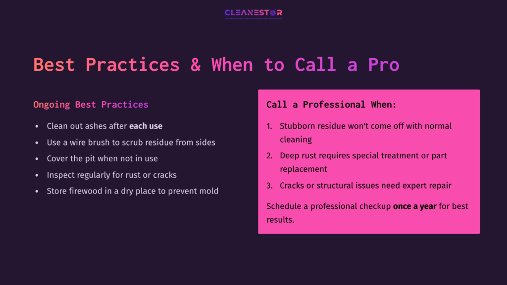 10 Best Practices And When To Call A Pro Text On A Dark Background Outlines Fire Pit Cleaning Best Practices And When To Consult A Professional, With A Pink Box Highlighting Key Reasons.