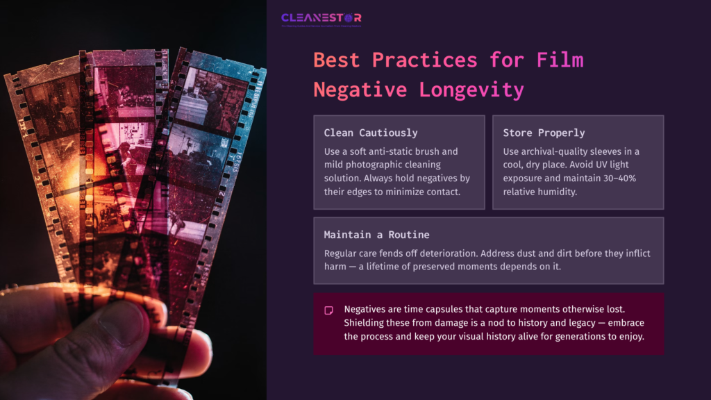 Three Film Negatives Held Against A Dark Background, Showcasing Images With Various Colors. Text Outlines Tips For Cleaning And Preserving Film.