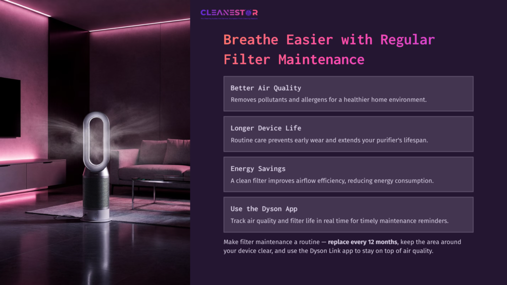 Dyson Pure Cool Fan In A Modern, Dimly Lit Room With Purple Accents; Text Highlights Benefits Of Regular Filter Maintenance.