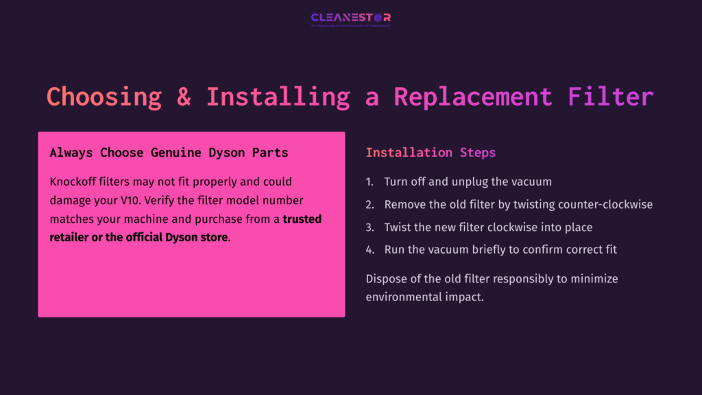 Bright Pink Box With Installation Steps For A Dyson V10 Filter, Set Against A Dark Purple Background With White Text For Clarity.