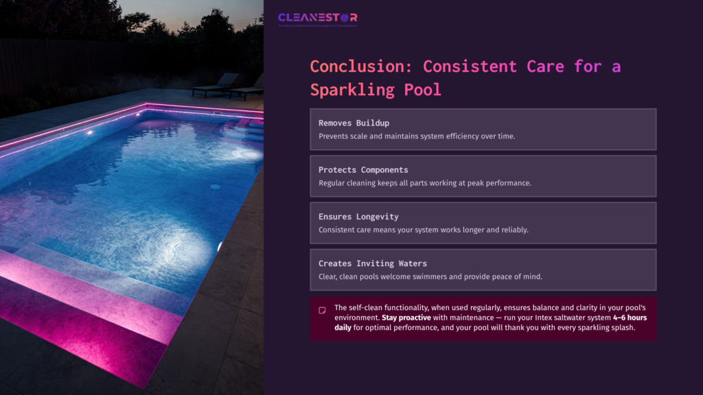 A Vibrant Pool Scene At Dusk, Featuring A Lit Blue Pool With Pink Lighting Along The Edge, Accompanied By A Summary Of Self-Cleaning Benefits.
