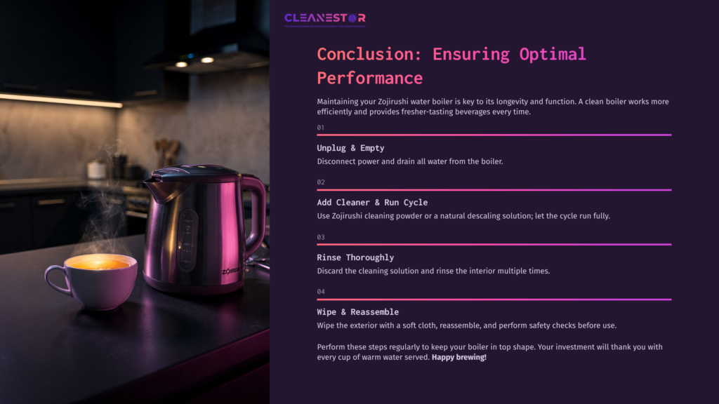 Zojirushi Water Boiler With Steam Rising, Next To A Cup, On A Dark Countertop. Instructions For Cleaning Are Displayed In Purple Text.