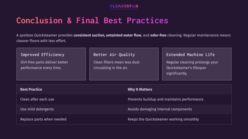 10 Conclusion And Final Best Practices Purple Background With White Text Detailing Best Practices For Cleaning A Bissell Quicksteamer, Including Improved Efficiency And Air Quality.