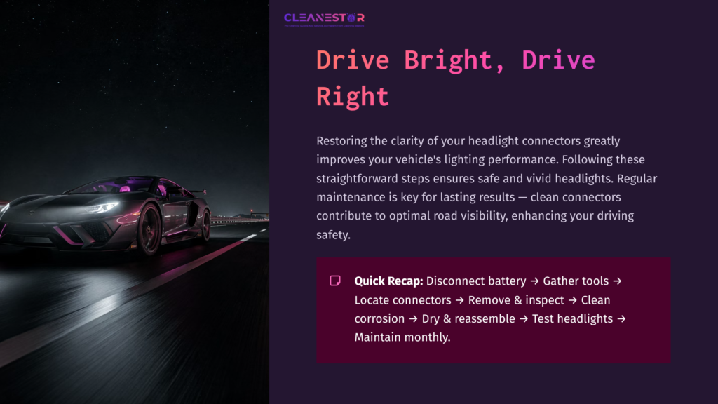 10 Drive Bright Drive Right A Dark Purple Background With A Sleek Car On A Road. Text Outlines Headlight Connector Maintenance Steps For Safety And Performance.