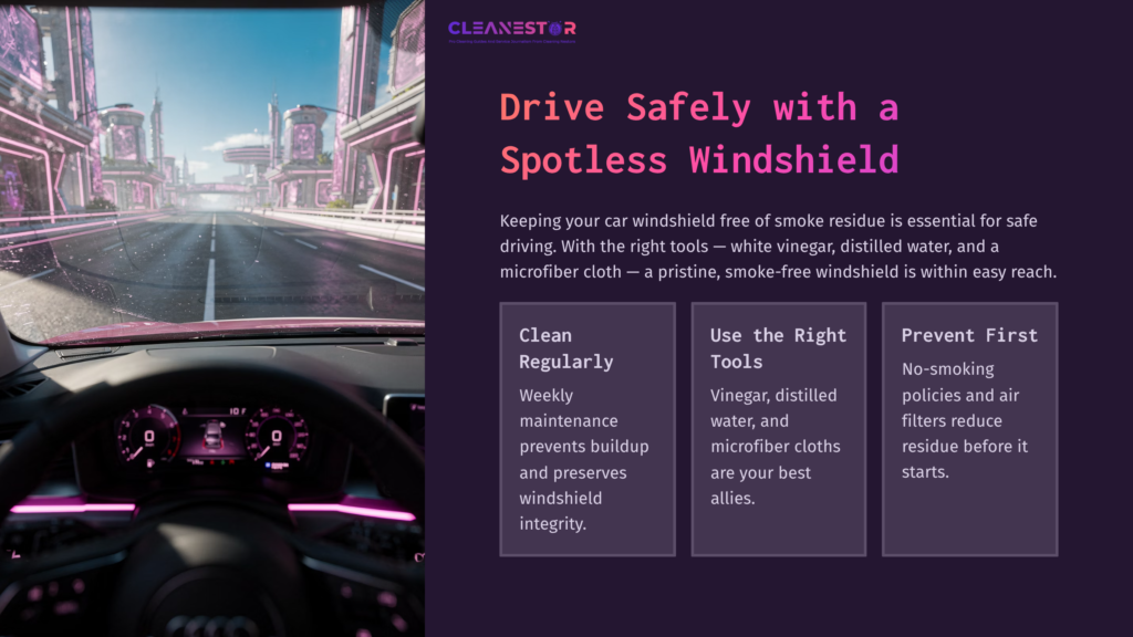 Car Interior View From Driver'S Seat, Highlighting A Clean Windshield, Digital Display, And Urban Landscape Outside, With Text Tips On Cleaning.