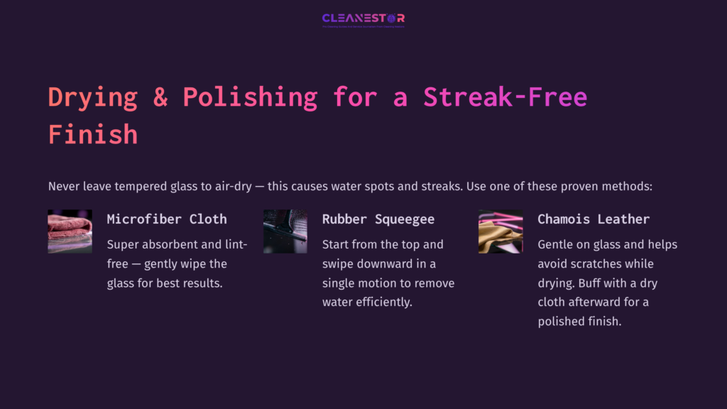 Two Cleaning Tools Displayed: A Microfiber Cloth, A Rubber Squeegee, And Chamois Leather, With Tips For Drying Tempered Glass. Background Is Dark Purple.