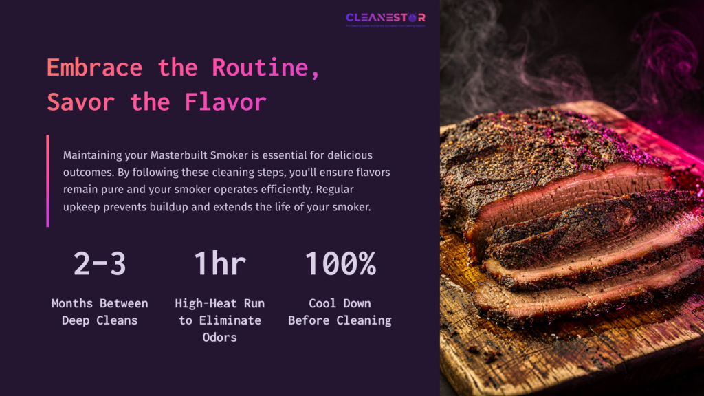 A Beautifully Smoked Brisket On A Wooden Board, With Cleaning Tips For A Masterbuilt Smoker In Bold Purple And White Text On A Dark Background.