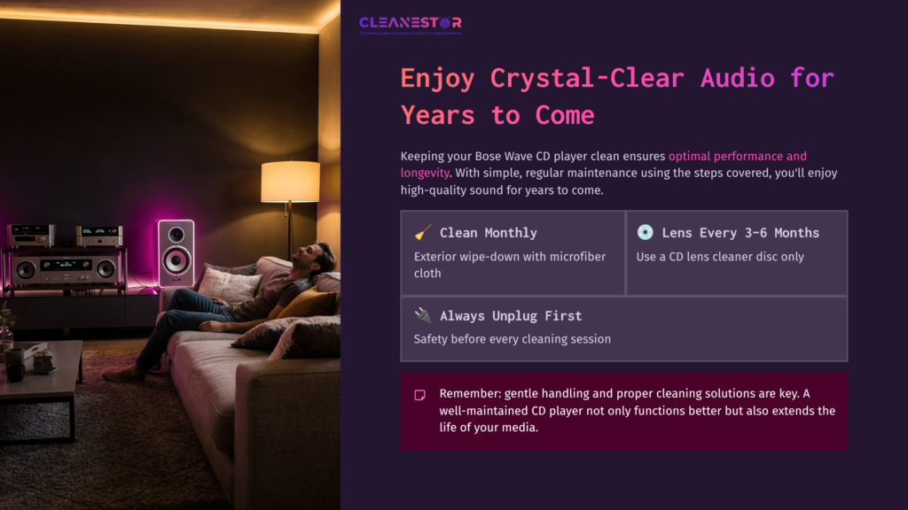 An Interior Scene With A Couple Relaxing Near A Bose Wave Cd Player, Surrounded By Modern Decor And Ambient Lighting. Text Highlights Maintenance Tips.