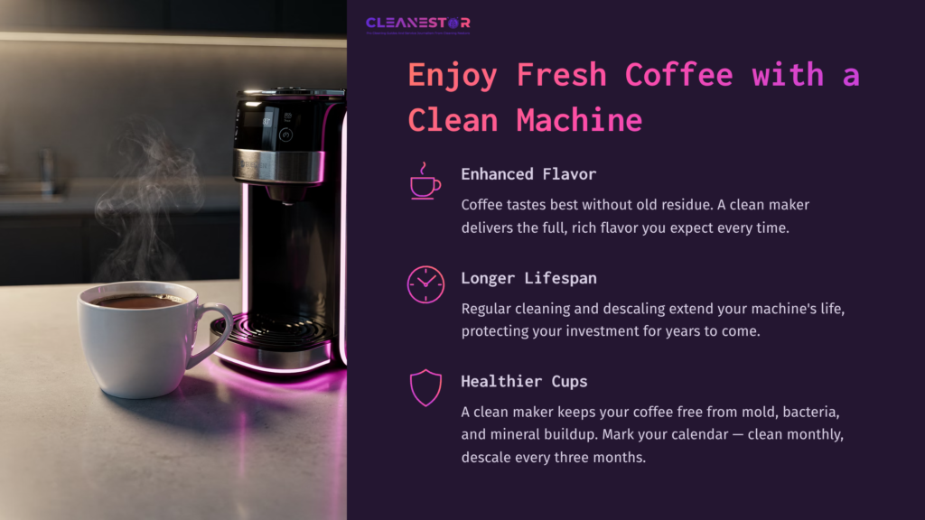 10 Enjoy Fresh Coffee With A Clean Machine Black And Decker Thermal Coffee Maker With A Sleek Design, Accompanied By A Cup Of Coffee, On A Gradient Purple Background With Cleaning Benefits Highlighted.