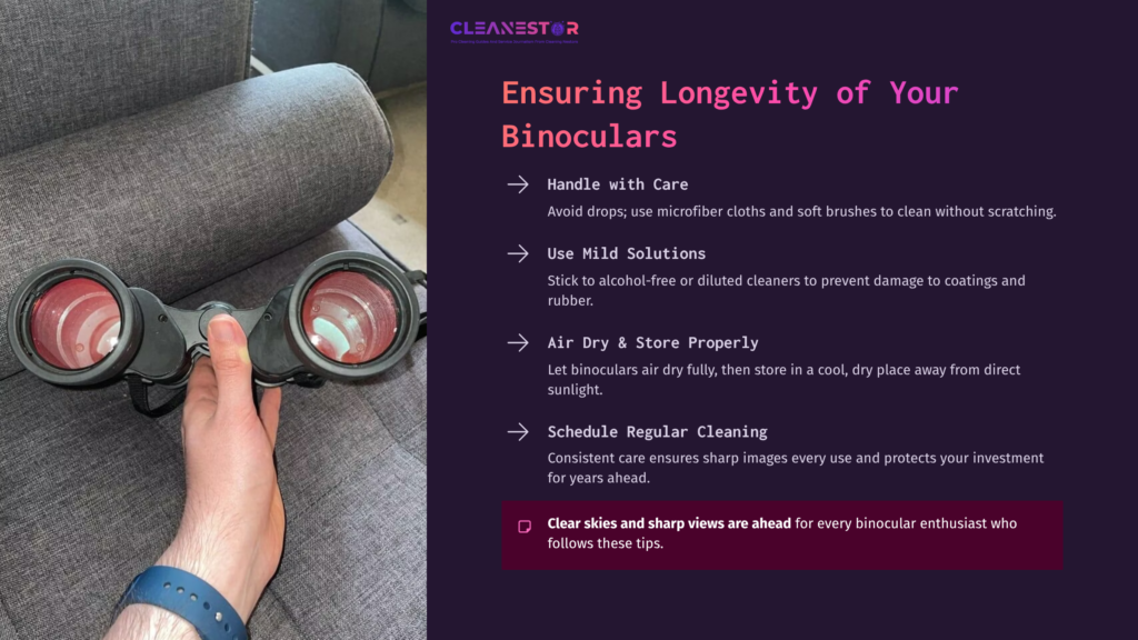 A Person Holds A Pair Of Binoculars On A Grey Fabric Surface, With A Soft Cloth Nearby, Surrounded By Cleaning Tips In Bold Text.