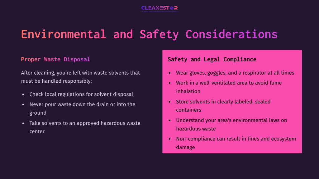 Text On A Gradient Background Emphasizes Environmental And Safety Considerations For Proper Solvent Disposal, Including Guidelines And Precautions.