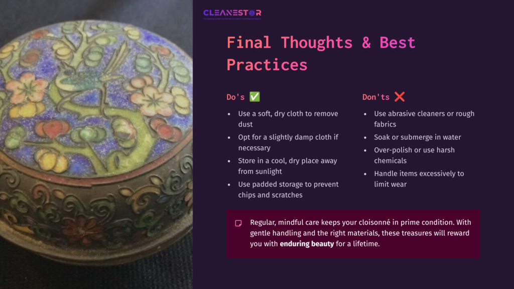Cloisonné Box With Intricate Floral Designs In Vibrant Colors, Surrounded By Cleaning Tips In Contrasting Text.
