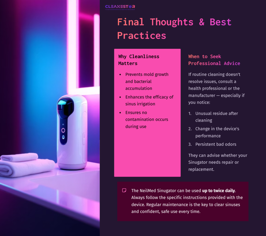 10 Final Thoughts And Best Practices White Neilmed Sinugator On A Bathroom Counter, Illuminated By Pink And Blue Neon Lights. Text Provides Cleaning Tips And When To Seek Advice.