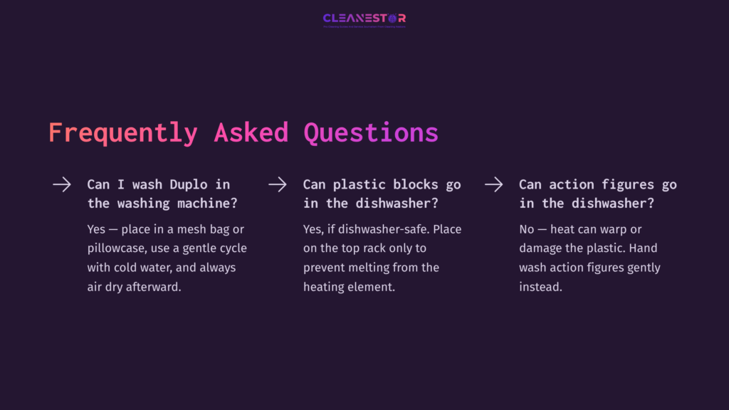 Purple Background With White Text Lists Faqs About Cleaning Mega Bloks, Highlighting Details About Mesh Bags And Dishwasher Safety.