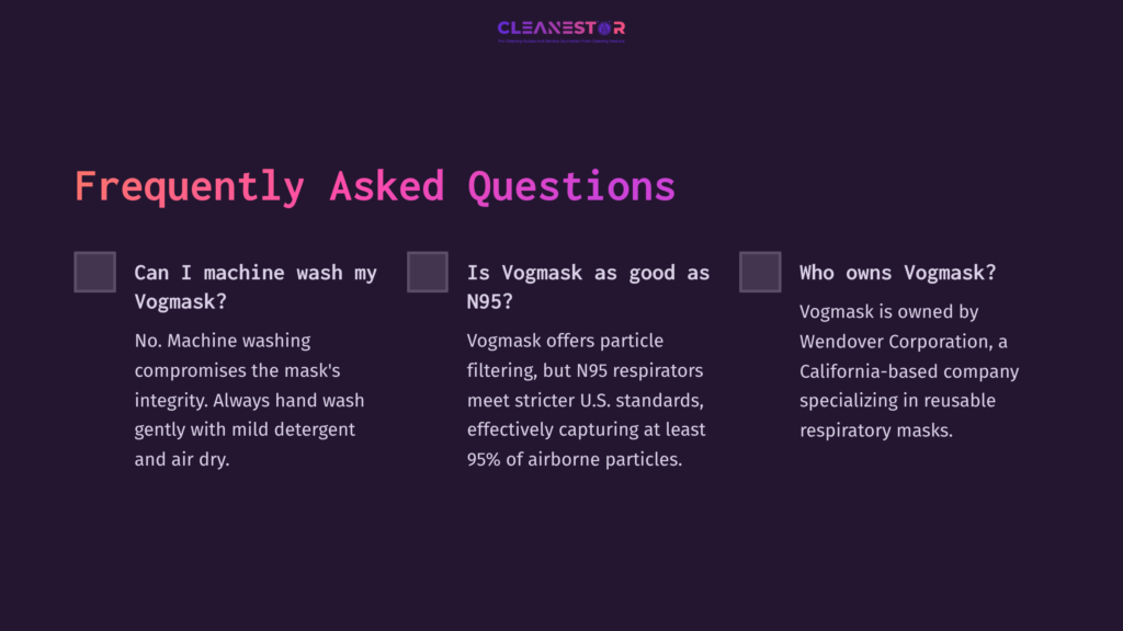 Purple Background With White Text Titled &Quot;Frequently Asked Questions.&Quot; Lists Three Questions About Washing, Effectiveness, And Ownership Of Vogmask.