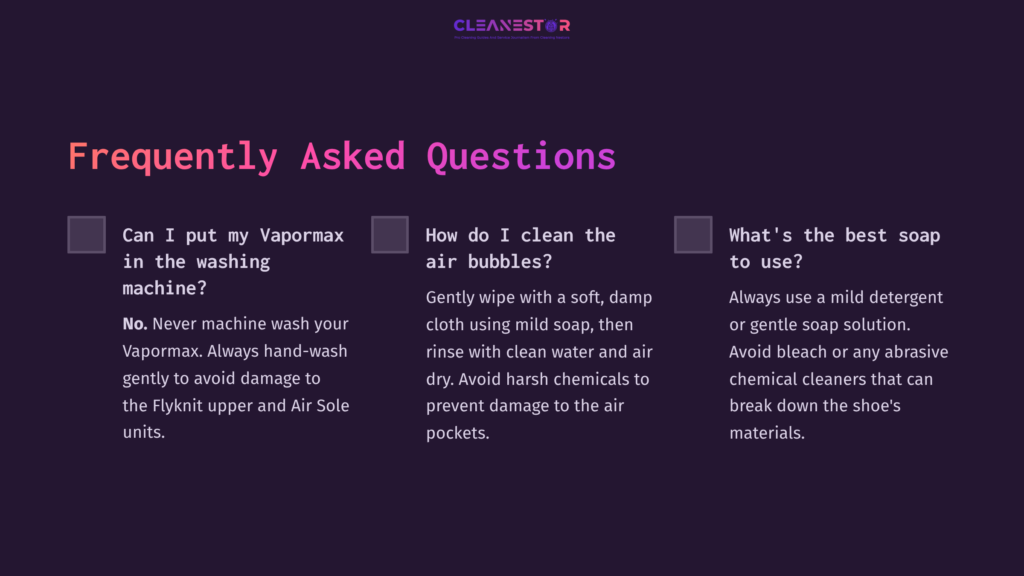 Purple Background With White Text Outlining Faqs About Cleaning Vapormax, Featuring Advice On Washing, Air Bubble Care, And Cleaning Products.