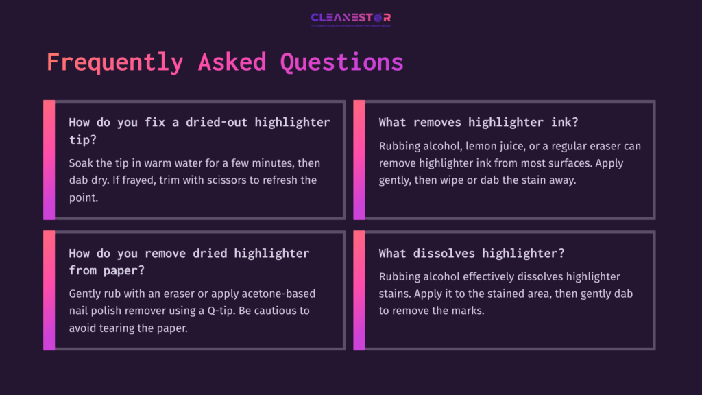 Text Boxes On A Dark Background Display Faqs About Cleaning Highlighters, With Headers In Vibrant Purple And White Text.