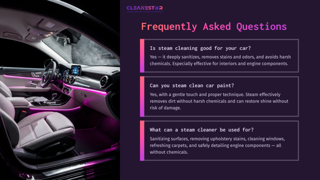 Interior Of A Car Showcasing A Clean And Modern Dashboard With Pink Ambient Lighting, Surrounded By Upholstery, And Text On Steam Cleaning Faqs.