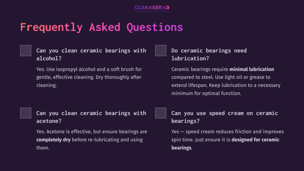 A Text Layout With A Dark Background, Featuring White And Purple Font. Sections Include Faqs About Cleaning And Maintaining Ceramic Bearings.