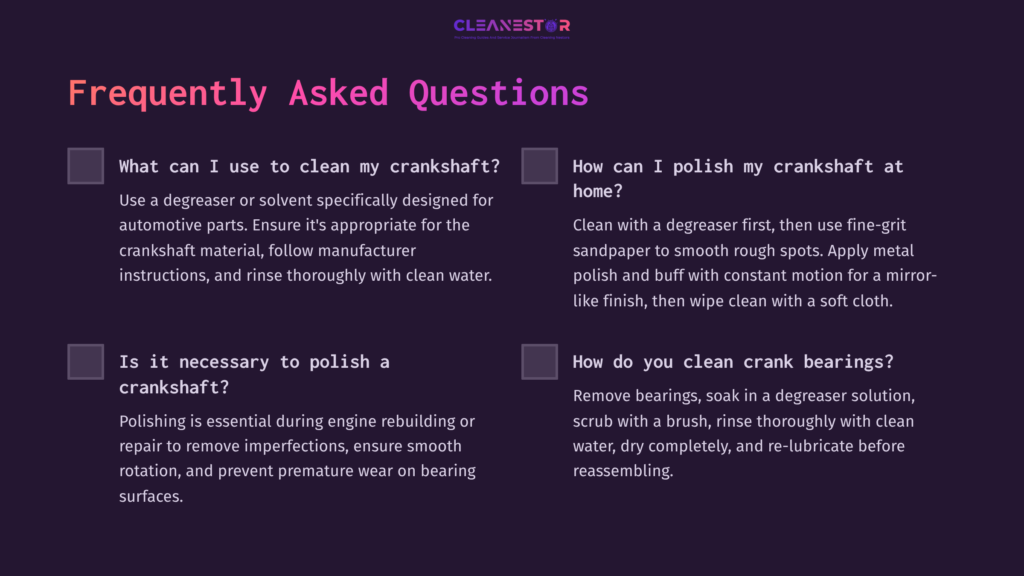 Text-Based Faq Layout On A Dark Purple Background, Featuring Questions About Crankshaft Cleaning And Polishing With Checkboxes.
